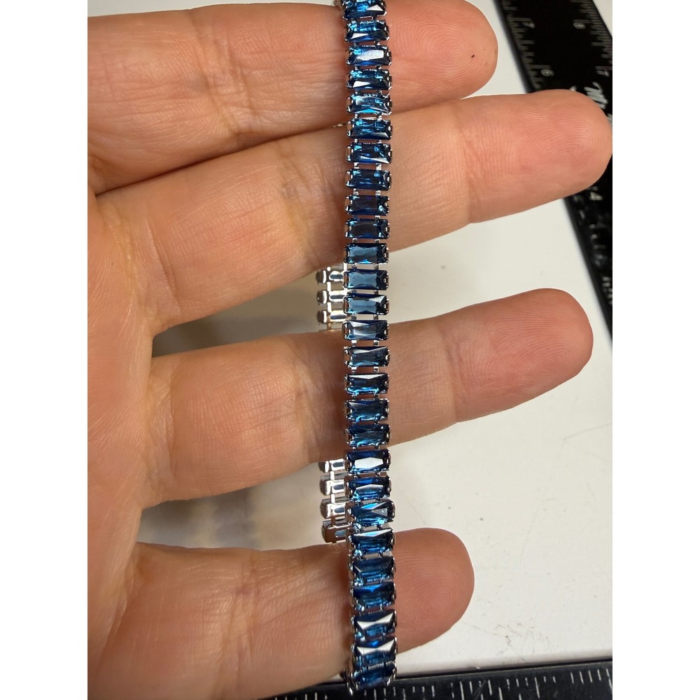 Blue Baguette Crystal Tennis Bracelet Silver Tone Fold Over Clasp 7 Inch